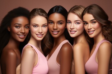 Obraz premium 5 Cheerful Multicultural Women Bonding in Bright Dresses Fashion Portraits with Joyful Expressions