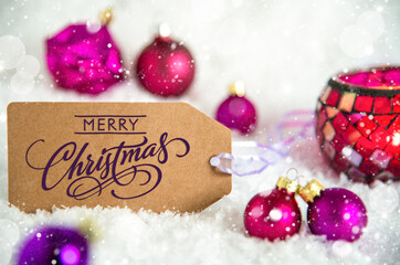 Label With Text Merry Christmas, Snow, Purple Christmas Decor