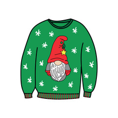 Green knitted sweater with snowflakes and gnome pattern.