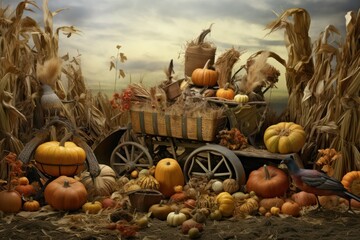A traditional cornucopia filled with an abundance of colorful fall foods, creating a festive Thanksgiving concept