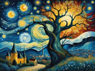 landscape with moon and stars