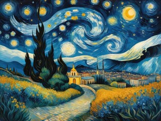 Obraz premium landscape with moon and stars