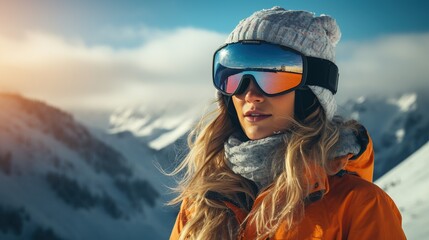 snowboarder girl in helmet and orange goggles on background of snowy mountains. - obrazy, fototapety, plakaty