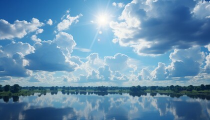 Panorama of calm lake, Kama river blue sky with clouds reflected in the water.