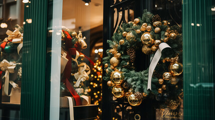 Fototapeta na wymiar Christmas decoration details on English styled luxury high street city store door or shopping window display, holiday sale and shop decor