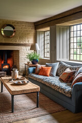 Fototapeta premium Cottage interior with modern design and antique furniture, home decor, sitting room and living room, sofa and fireplace in English country house and countryside style