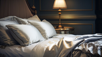 Modern cottage evening bedroom decor, interior design and home decor, bed with elegant bed linen bedding and lamp in English country house, holiday rental and cottage style