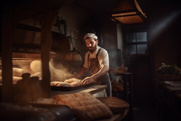 Obraz na płótnie Canvas Bearded baker working in bakery
