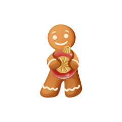 Sweet Gingerbread Man Character With Christmas Tree Decoration In His Hands. Smiling Christmas Cookie Clipart. Traditional Sweet Xmas Ginger Biscuit.