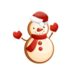 Cheerful Snowman Character With Icing Decoration, Santa Hat, Red Gloves And Buttons. Funny Christmas Cookie Clipart. Traditional Sweet Xmas Ginger Biscuit.
