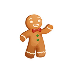 Greeting Gingerbread Man Character With Bow Tie, Icing Decoration. Funny Christmas Cookie Waving His Hand. Traditional Sweet Xmas Ginger Biscuit.