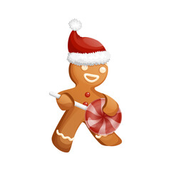 Gingerbread Man Character With Red and White Peppermint Lollipop Guitar In His Hands. Cheerful Bass Guitar Player Christmas Cookie. Traditional Sweet Xmas Ginger Biscuit.