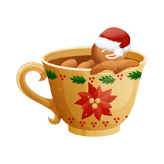 Gingerbread Man Character Taking A Bath In Cup Of Hot Coffee With Marshmallow. Cozy Winter Homemade Hot Drink. Funny Christmas Cookie Relaxing In A Mug. Traditional Xmas Ginger Biscuit.