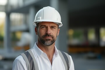 Engineer handsome man or architect looking forward with white safety helmet at construction site