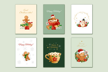 Cute Christmas Greeting Cards Set With Gingerbread Characters