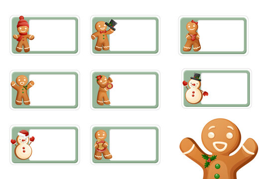 Christmas Party Labels Set With Festive Gingerbread Ctaracters And Name Tag
