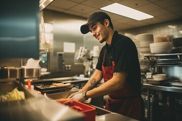 Male worker in fast food kitchen