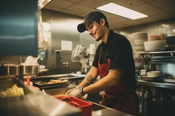 Fotobehang Male worker in fast food kitchen © andrew_shots