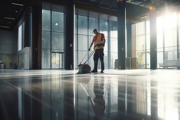 Worker cleaning hall floor of office building at day