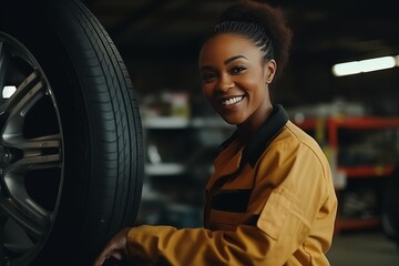 Young afro american female mechanic adjusting the tire at workshop