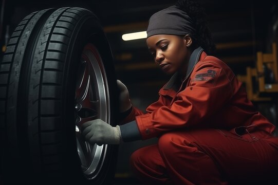 Young afro american female mechanic adjusting the tire at workshop