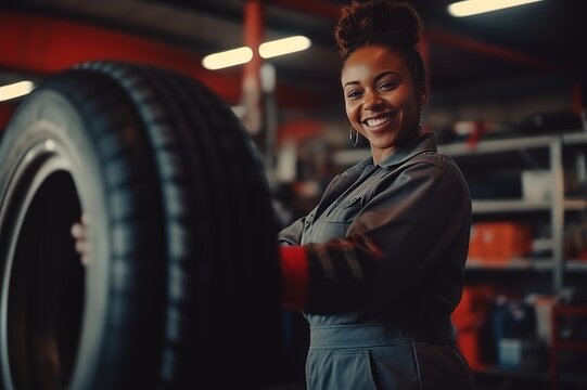 Young afro american female mechanic adjusting the tire at workshop