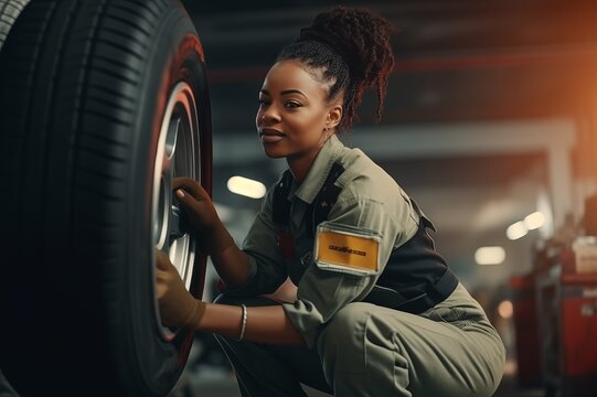 Young afro american female mechanic adjusting the tire at workshop