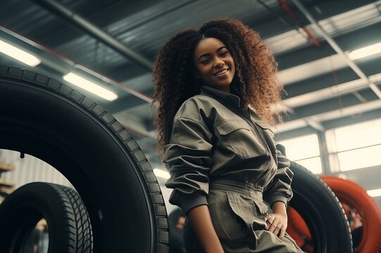 Young afro american female mechanic adjusting the tire at workshop - Powered by Adobe