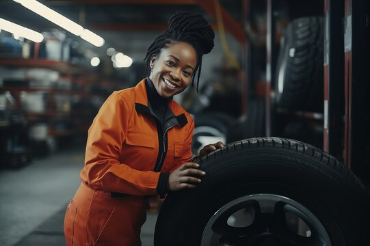 Young afro american female mechanic adjusting the tire at workshop