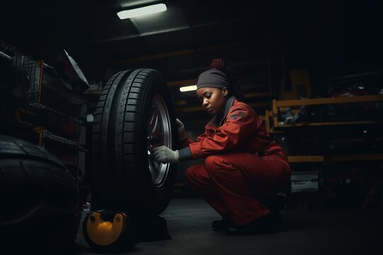 Young afro american female mechanic adjusting the tire at workshop