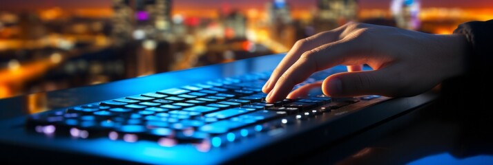 Human Hands Typing on Keyboard. Concept of Cybersecurity, Hacking, Data Stealing