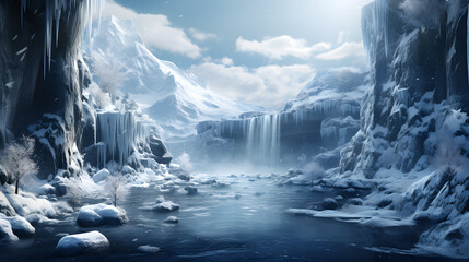 Admire an epic winter wonderland surrounding a frozen waterfall. This highly detailed background captures the serene yet powerful side of the season's beauty. - obrazy, fototapety, plakaty