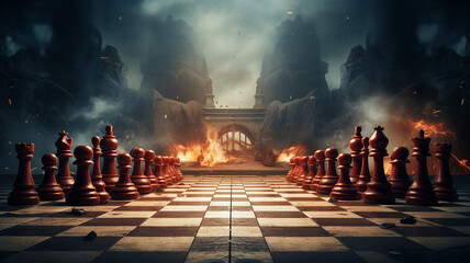 chess board game with pieces and fire on the background
