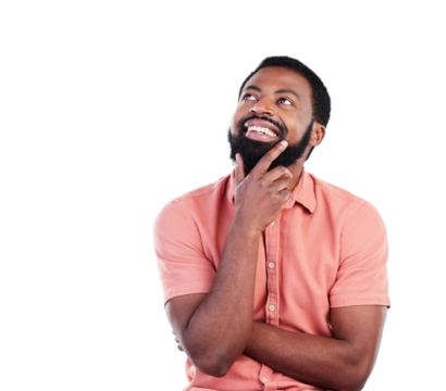 Thinking, creative vision and a black man brainstorming, ideas and a choice. Happy, smile and a male African employee with a decision and wondering while isolated on a transparent png background