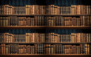 Bookshelves with antique books. Library or bookshop book shelf. Wallpaper background