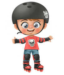 Cute cartoon boy wearing protective gear on roller skates. Professional roller skating
