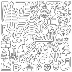 Merry Christmas set. Holiday hand drawn doodle xmas characters and decorations. Card, coloring. New year