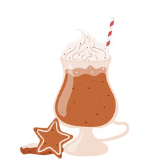 Christmas Mug With Cream Drink. Winter hot drink with Christmas gingerbread