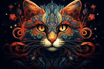 Cute wallpaper poster illustration with cat. Banner design for pet shop