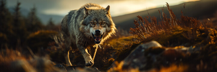 a lone aggressive gray wolf hunting in the wilderness