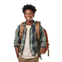 A black teenage boy holding a backpack stands and smiles,  isolated on transparent or white background, png - obrazy, fototapety, plakaty