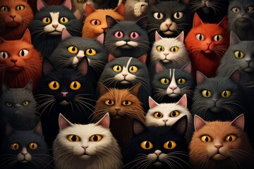 Funny cute wallpaper illustration with lots of cats. Banner design for pet shop