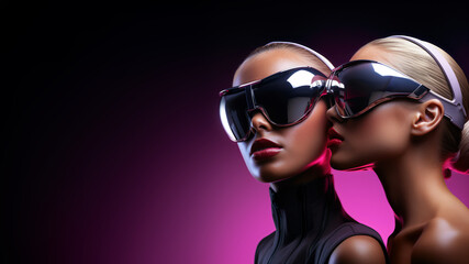 two kissing women in a futuristic outfit and with silver sunglasses