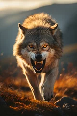 Selbstklebende Fototapeten a lone aggressive gray wolf hunting in the wilderness © Riverland Studio