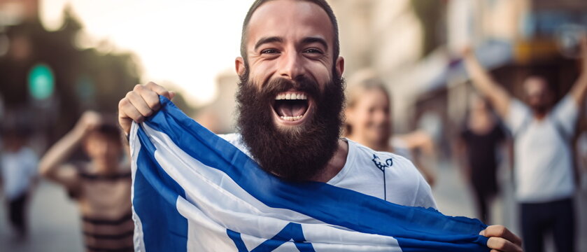 Portrait of pretty and happy Israeli man standing with smile, in front of Israel flags, shouting, celebrating victory or success. Generative ai