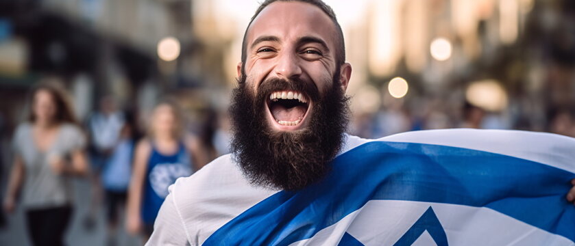 Portrait of pretty and happy Israeli man standing with smile, in front of Israel flags, shouting, celebrating victory or success. Generative ai