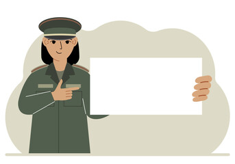 A woman in a military uniform is holding a large white sheet of paper that could be a place for text. Vector