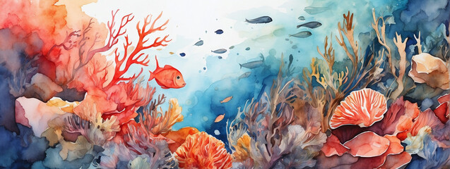 Abstract watercolor illustration of a bustling underwater coral reef, teeming with marine life.