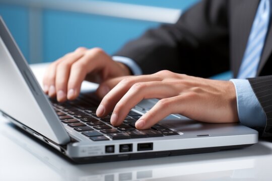 Close-Up of Hand Typing on Laptop Keyboard in Well-Lit Office for Online Marketing and Work