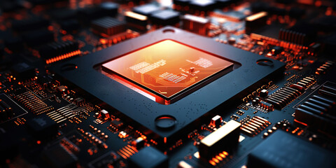 Fototapeta na wymiar Heart of the Machine: Microprocessor in Warm Glow. Red motherboard. Generative AI